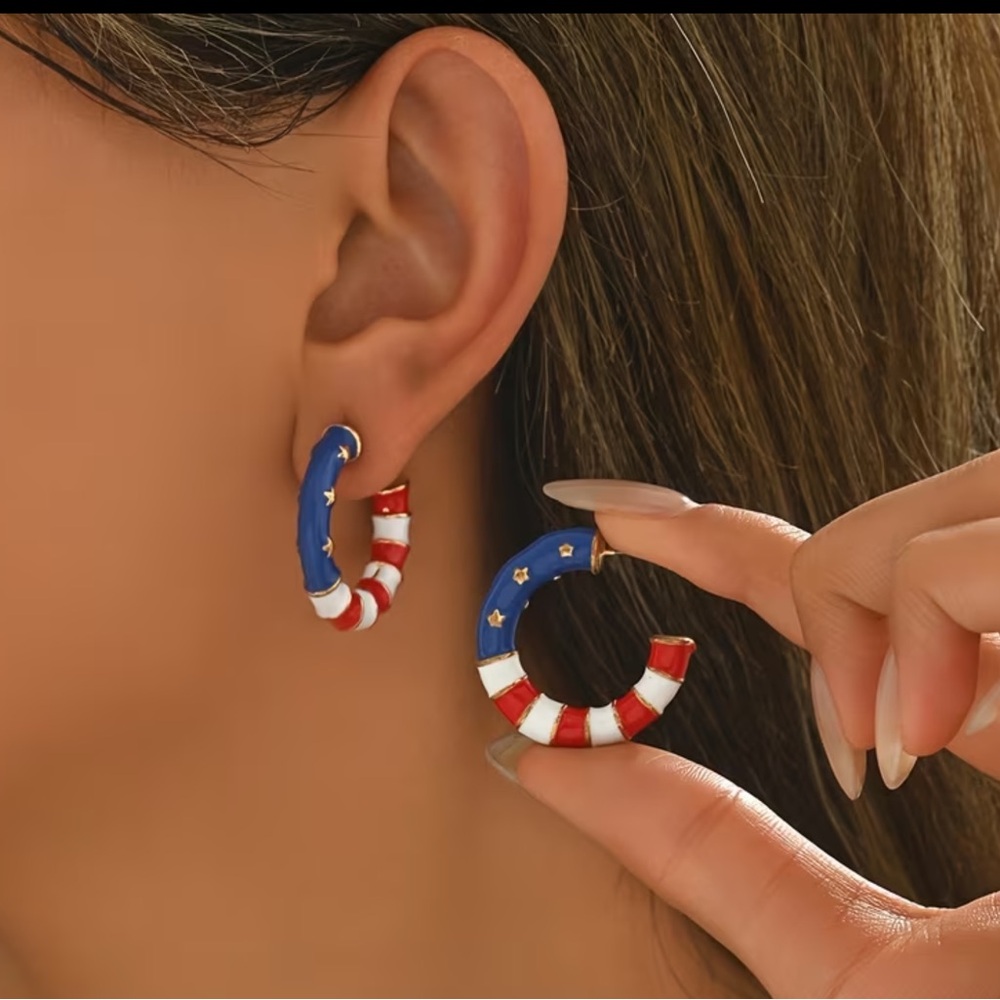 Patriotic Red White Blue Star Hoop Earrings - Picture 6 of 7
